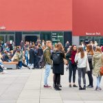 German students on the university campus in Leipzig during a break in Germany