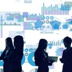 Silhouette of business people with data and analytics for operational research