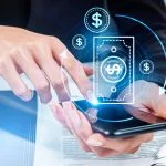 Woman finger touch smartphone, digital money and stablecoins