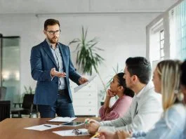 Group of young business people having a meeting or presentation and seminar in the office or culture.