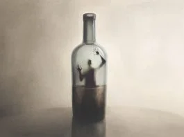 Illustration of man imprisoned in a bottle of alcohol, surreal addiction abstract