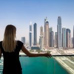 balcony with view of skyscrapers Dubai UAE