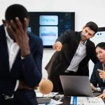 group of business people pointing and talking rumor spread behind stress colleague at workplace, diverse coporate employee gossip and bully black person while meeting in financial office.