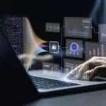 Data analysis science and big data with AI technology. Analyst or Scientist uses a computer and dashboard for analysis of information on complex data sets on computer. Insights development engineer. consensus reliability stack