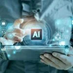 Business executive uses artificial intelligence to manage marketing and scaling with artificial intelligence. Business development system with ai.