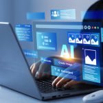 Person using laptop with Ai Content Generator. Interaction with the Ai assistant to solve some tasks more easily.