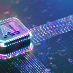 Powerful Quantum AI component on PCB motherboard with data transfers.