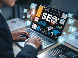 SEO text with magnifying glass and laptop, illustrating search engine optimization, web traffic analytics, keyword ranking, and online visibility improvement