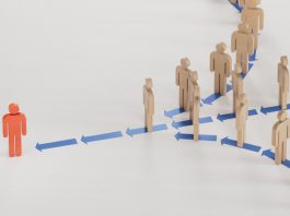 Following the leader.Marketing and communication, Reach vs. Credibility in B2B marketing concept.