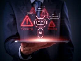 AI, technology, and cybersecurity warnings displayed as red holograms above a tablet in businessman hand, future chatbot. AI Agents for Fraud Detection concept