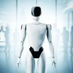 Moral Engineering -Futuristic humanoid robot standing in modern office with blurry businesspeople in background