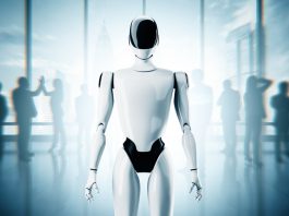 Moral Engineering -Futuristic humanoid robot standing in modern office with blurry businesspeople in background