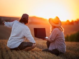 Farmers using laptop for smart farming analysis while observing rural field during sunset. Concept of modern agriculture and farm innovation
