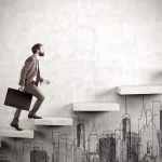 CEO climbing a concrete stair. CEO growth concept