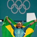 Paris-France, August 5, 2024, artistic gymnastics. Rebeca Andrade wins gold medal at the Paris Games.