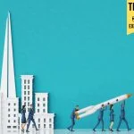 New successful start up idea, business people in suits are people walking with rocket