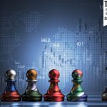 Brazil Russia India China and South Africa flag print screen Geopolitical on pawn chess against with USA king chess and stock market graph for BRICS economic international cooperation and challenge