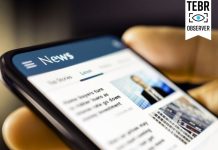 Person checking article online. Editorial Credibility concept