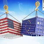 cargo containers with USA and European Union flags hoisted by crane hooks on blue cloudy sky