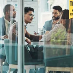 Glass, finance or business people meeting with project for feedback, companies discussion or teamwork