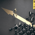 Golden pawn beating competition over black background. Business competitive