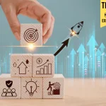 Rocket launch on wood cube, business investment and growth. Leadership creativity on new projects to wealth. Potential start-up progress concept. Big success idea, goal management, company strategy target